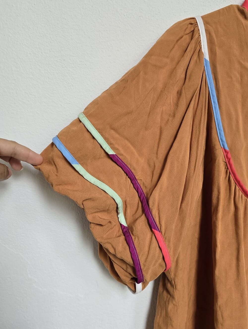 Boho Balloon Sleeve Blouse Camel Multicolor Trim Tie Neck Size Small - Picture 5 of 12